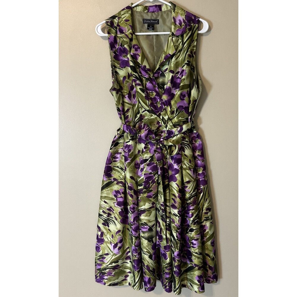 Jessica Howard Midi Dress 14 Green Floral Satin Sleeveless Belted A-Line Garden